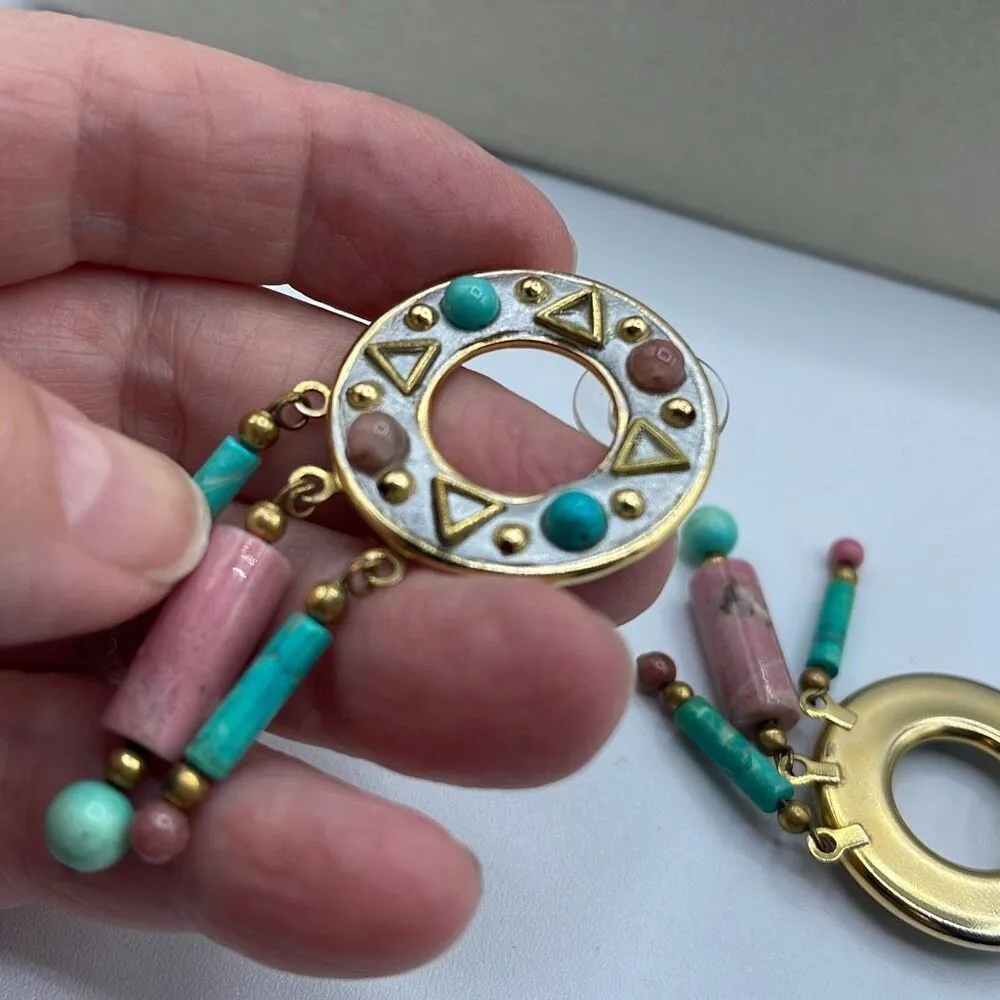 Vintage boho Aztec ethnic dangle beaded fringe earrings Pink - Image 7