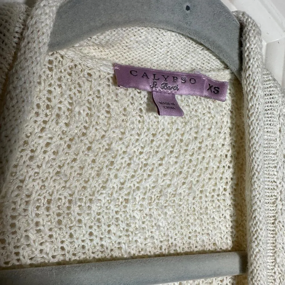 Calypso St.‎ Barth Cream Knit Pom Pom Cardigan Cotton Linen Sweater Lounge XS - Image 2