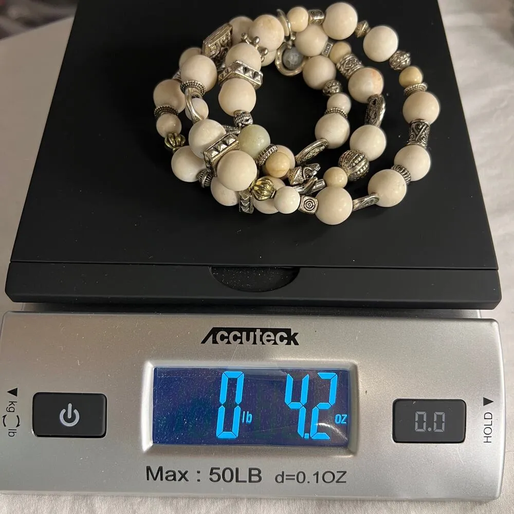 Handmade coil Beaded bracelet Chalky White Silver Tone Leaf End Caps - Image 7