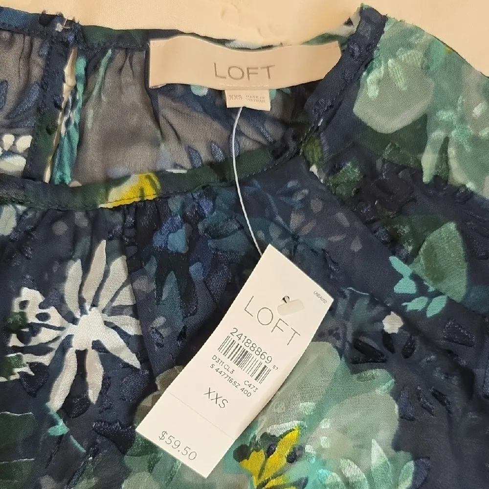 LOFT Shirt Sheer Bell Long Sleeve Dark Floral Blue Blouse XXS New - Image 6