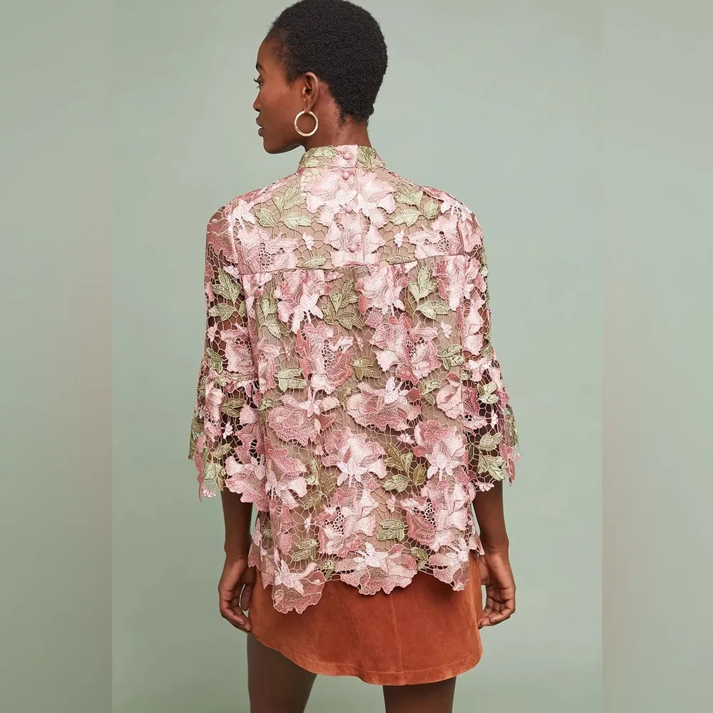 Anna Sui Anthropologie Metallic Rose Multi Floral Blouse Lace Bell Sleeve - Image 2