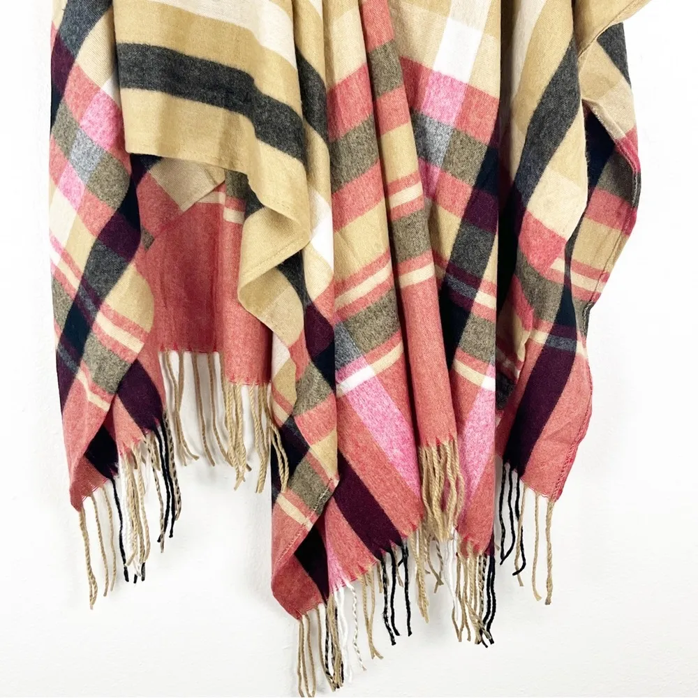 WOOLRICH Multicolored Plaid Fringe Hem Trim Blanket Poncho One Size - Image 4