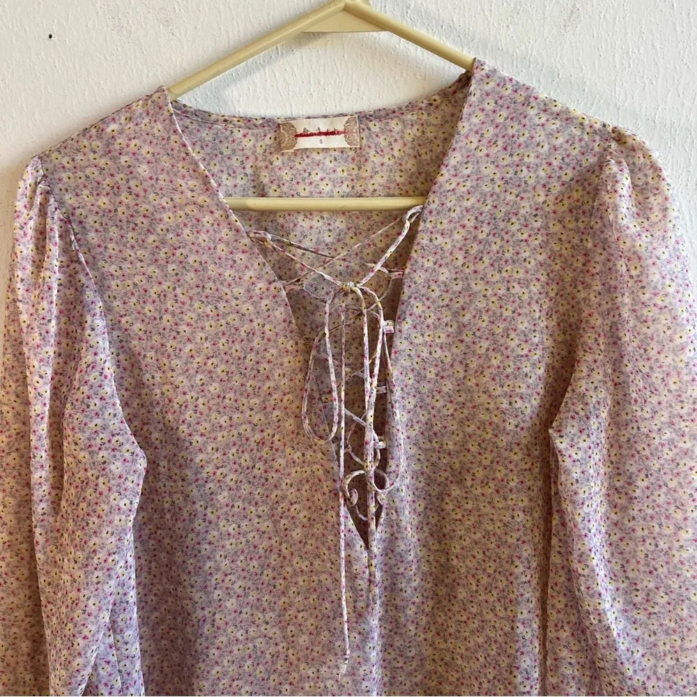 Altar’d State Blouse Floral Print Sheer Lace Up Long Ruffle Sleeve Top Sz S EUC - Image 2