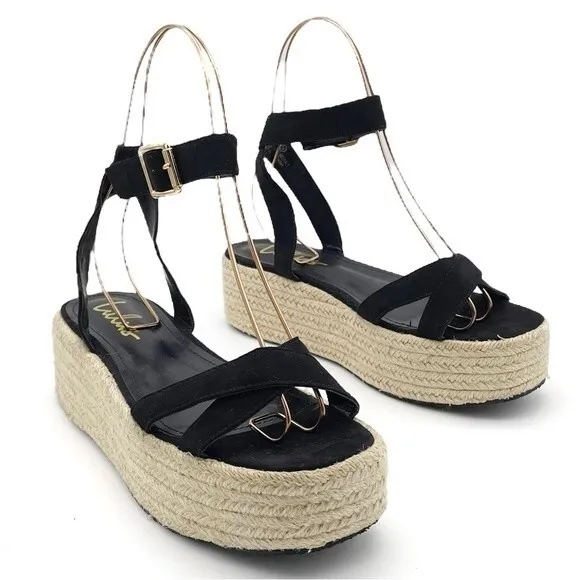 Lulus Cobi Black Faux Suede Espadrille Platform Sandals Size 8.5 Flatform Shoes - Image 1