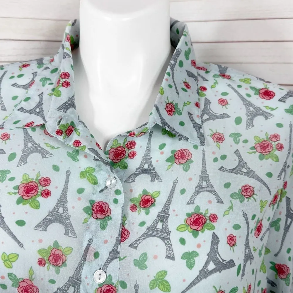 Potpourri Paris Eiffel Tower Rose Asher‎ Oversized Button Up Blouse Blue XL - Image 5