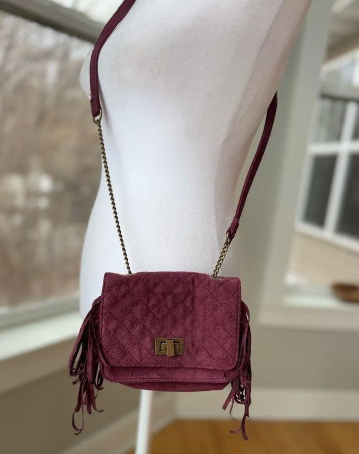 Art Class Burgundy Quilted Faux Suede Fringe Mini Bag Purse Crossbody - Image 2
