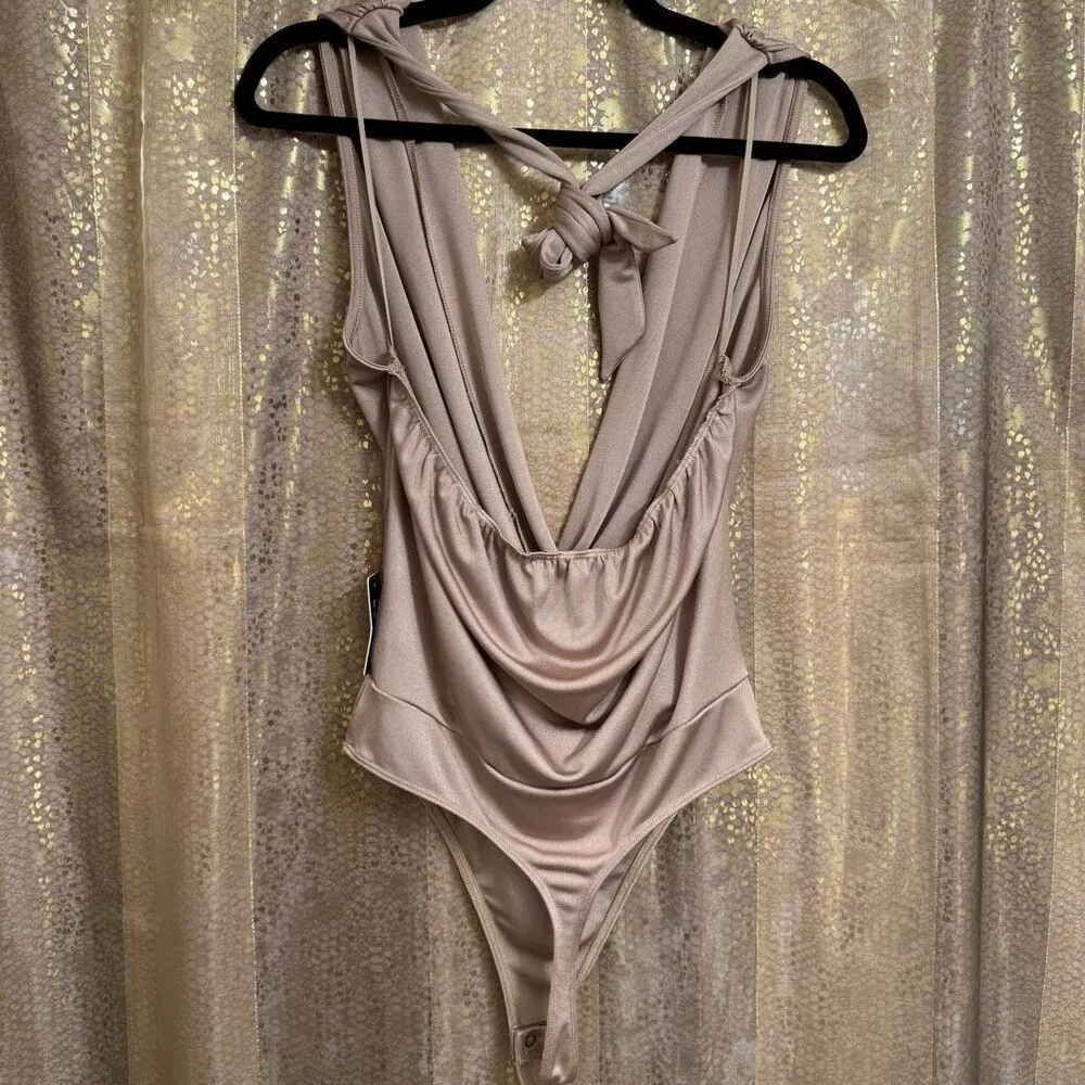 Express Tan Shiny Stretchy Wrap Front Halter Tie Neck Bodysuit Medium NWT - Image 2