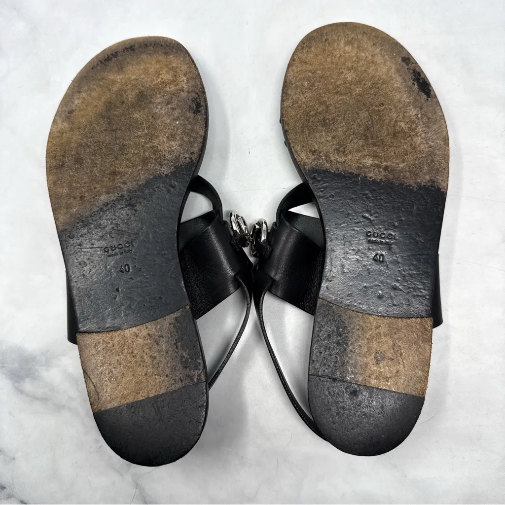 GUCCI Juliette Horsebit Leather Strappy Slingback Flat Sandal Shoes Black 40 - Image 8