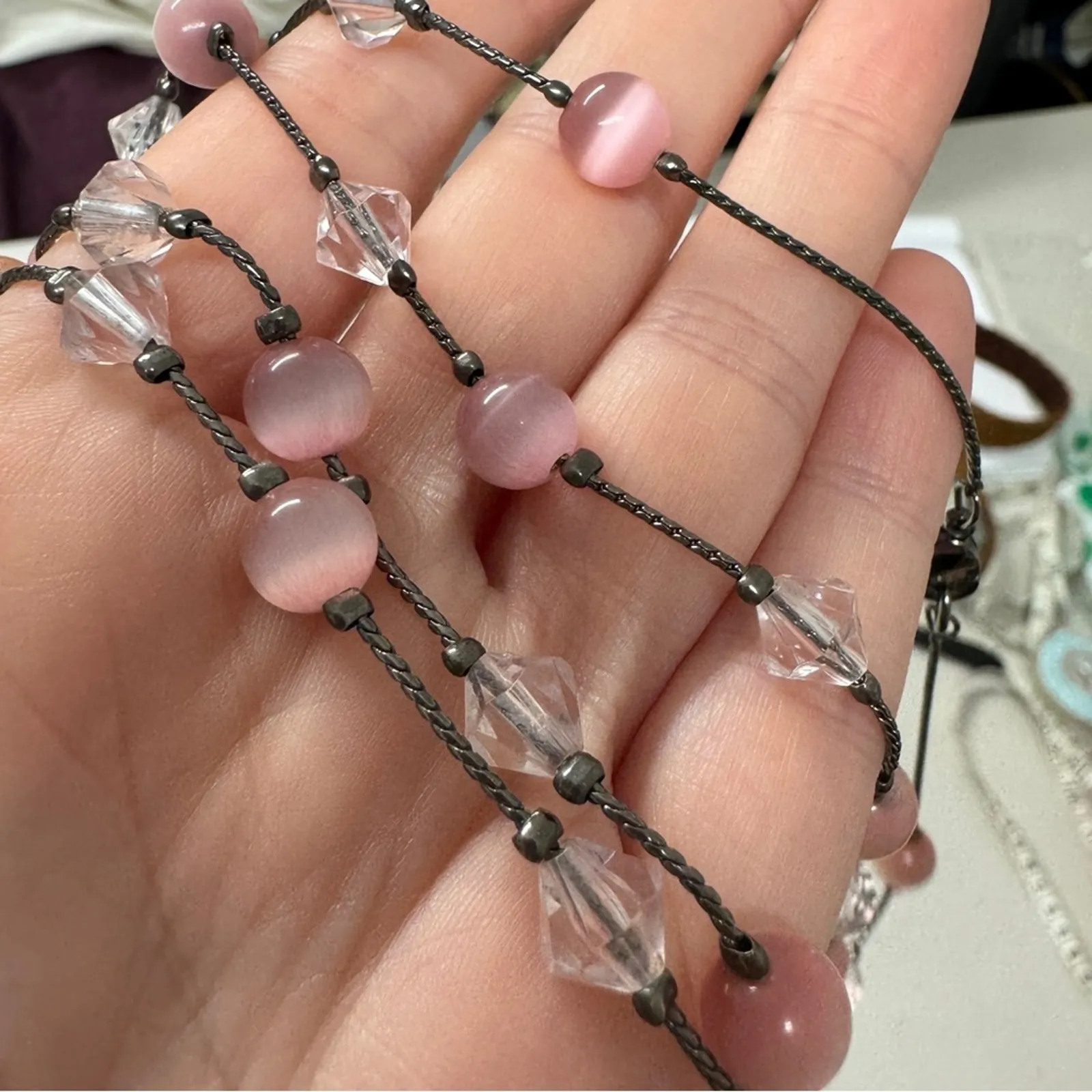 Silver Tone Pink Glass Bead Rhinestone Beaded Long Necklace Womens Jewelry - Image 7