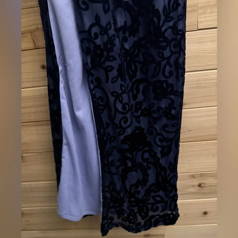 Vintage Steppin Out Sz Small Navy High Neck Crushed Velvet Mesh Filigree Dress Blue - Image 11
