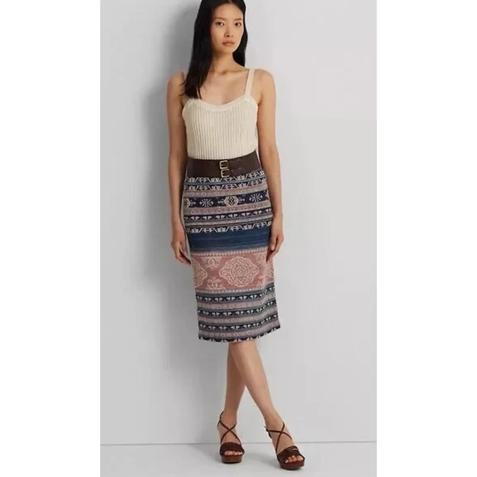 Lauren Ralph Lauren‎ Women Size 3X Geo-Motif Linen Blend Pencil Skirt Pink Blue - Image 12