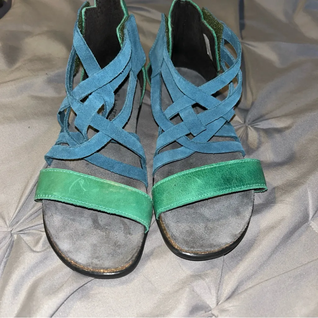 NAOT Marita 37 Women's Size 6 Shoes Blue Green Leather Strappy Wedge Sandals - Image 3
