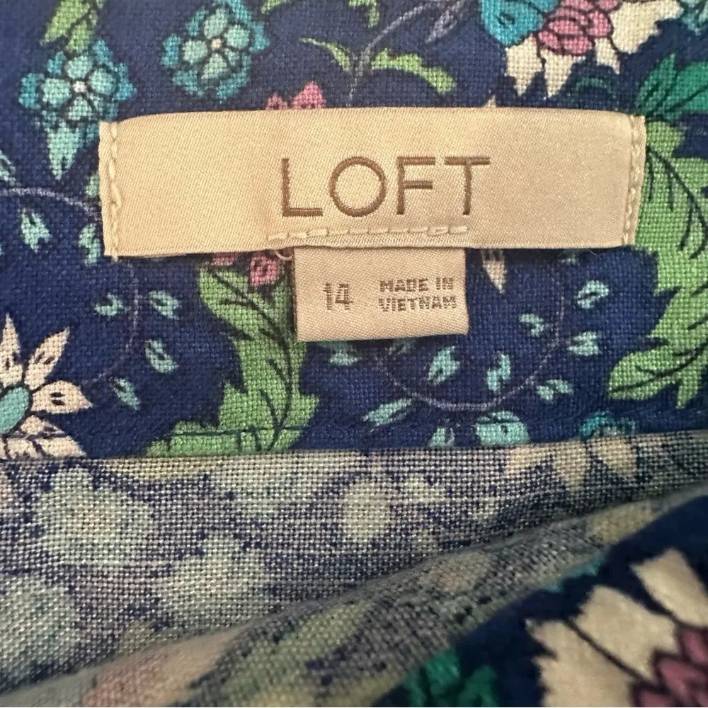 Loft Ann Taylor Floral Ruffle Linen Blend Wrap Skirt‎ Blue Calico Back Zip Sz 14 - Image 7