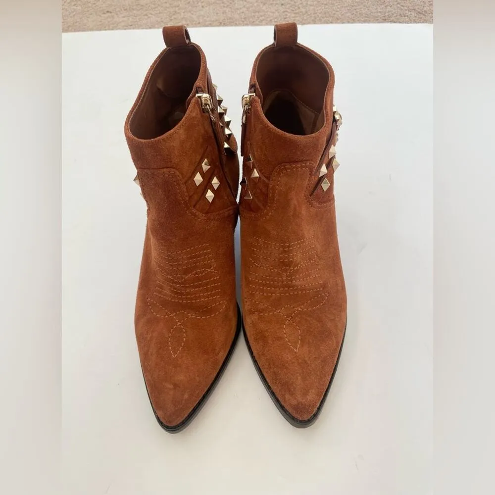 Valentino Garavani Tan Suede Rockstud Double Buckle 50mm Cowboy Ankle Boots EU38 - Image 2