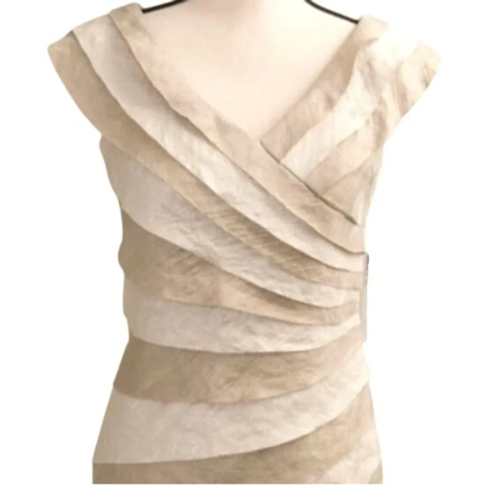 London Style Collection Layered Pleated Cocktail Dress Mother of Bride 16 Beige Tan - Image 2