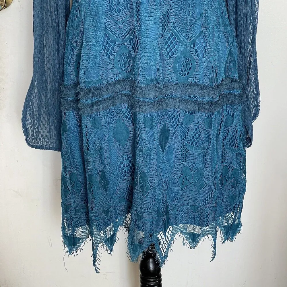Foxiedox Womens Dress Size Medium Crochet Teal Blue Lace Gloria Bell Sleeve - Image 9