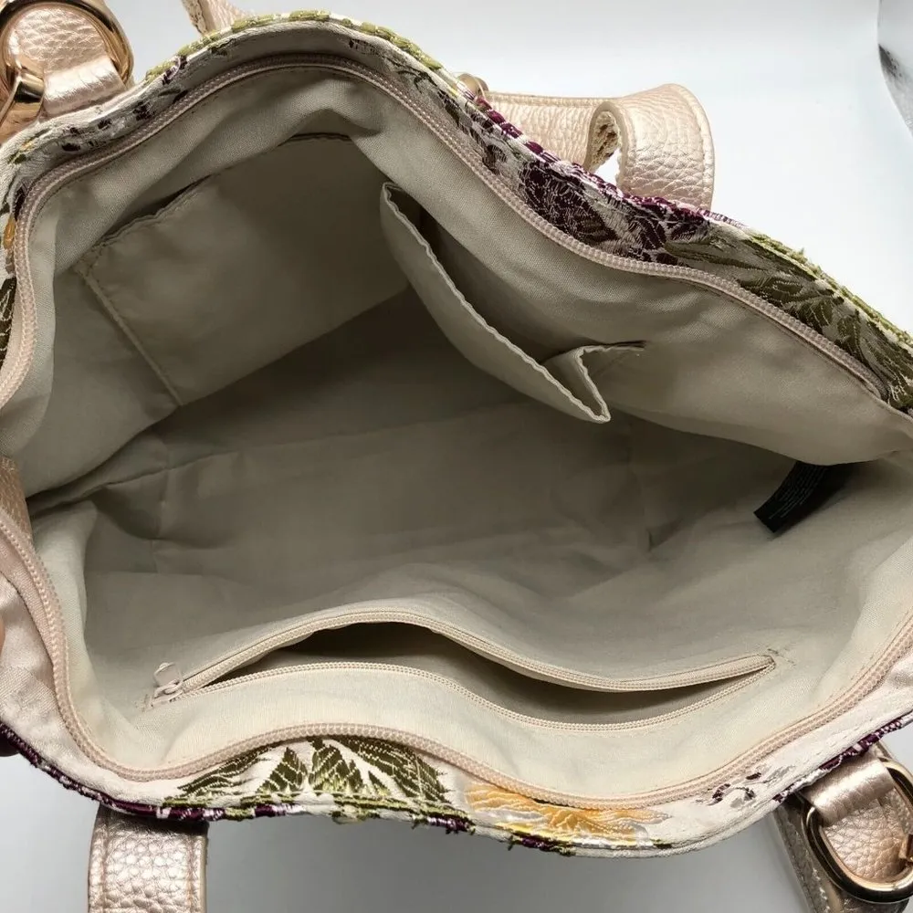 Latique Shoulder Bag Crossbody Satin Floral Beige Gold Purple Zip Closure Tan - Image 4
