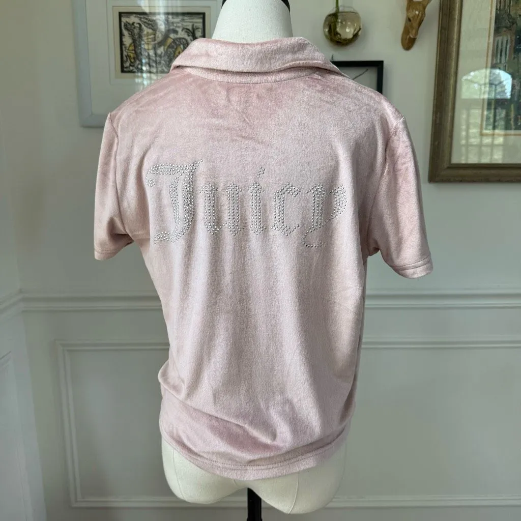 Juicy Couture Silky Soft Pink Velour Silver Bling Stud Cropped Button Up M - Image 3