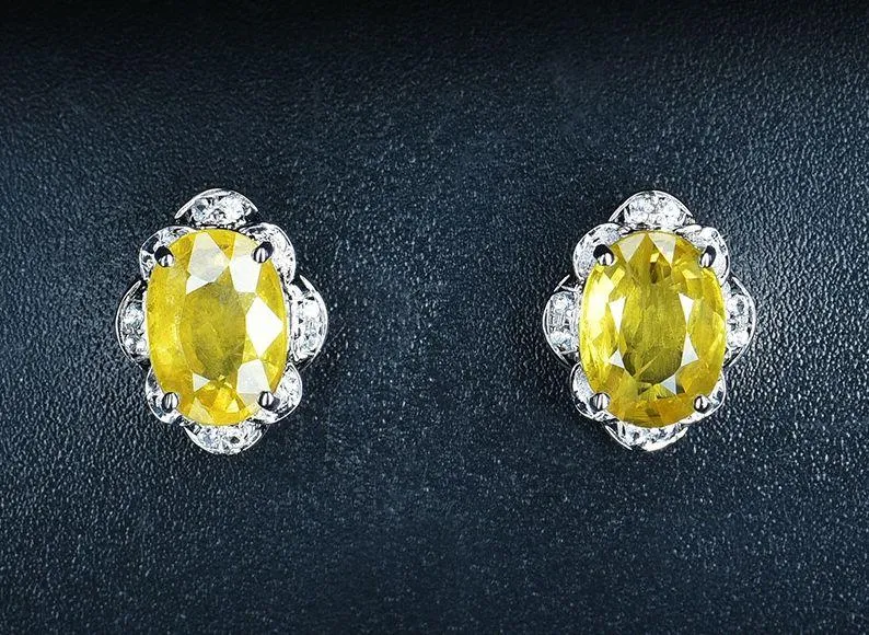 18K White Gold Plated Yellow Gemstone Citrine Diamond Stud Earrings for Women - Image 3