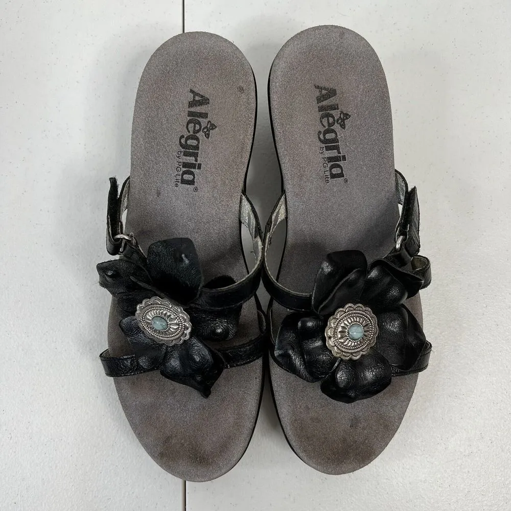 Alegria Sz 38 8 8.5 Sandals Hul-101 Black Leather Flower Concho Women’s Comfort - Image 6