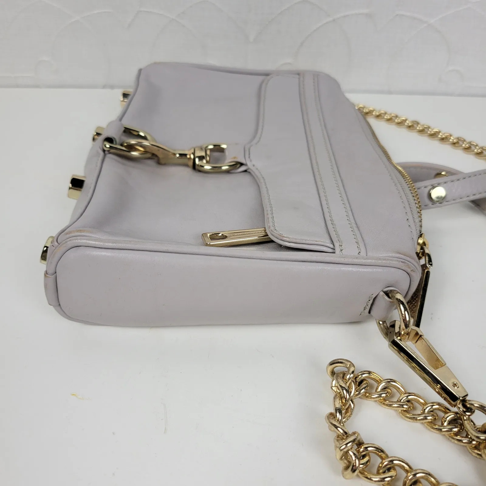 Rebecca‎ Minkoff Womens Mini Mac Crossbody Bag Gray Leather Chain Strap Purse - Image 12