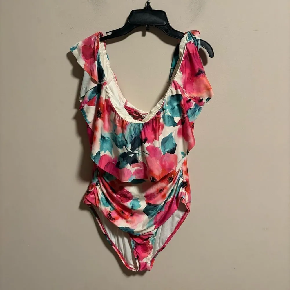 La Blanca Wild Flounce Floral Print Popover Flounce  One-piece Swimsuit- Size 16 - Image 4