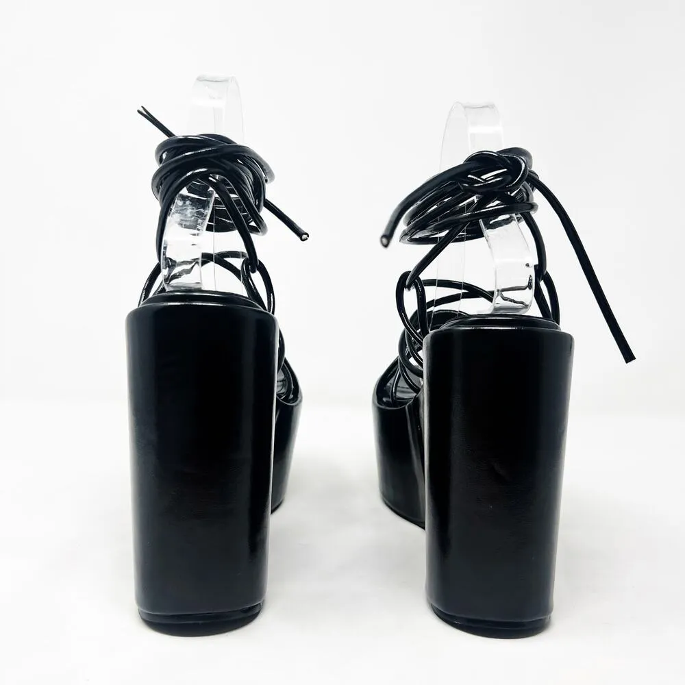 [Dolls Kill] SIMMI London Black Faux Leather Nolia Lace Up Platform Wedges Sz 6 - Image 3