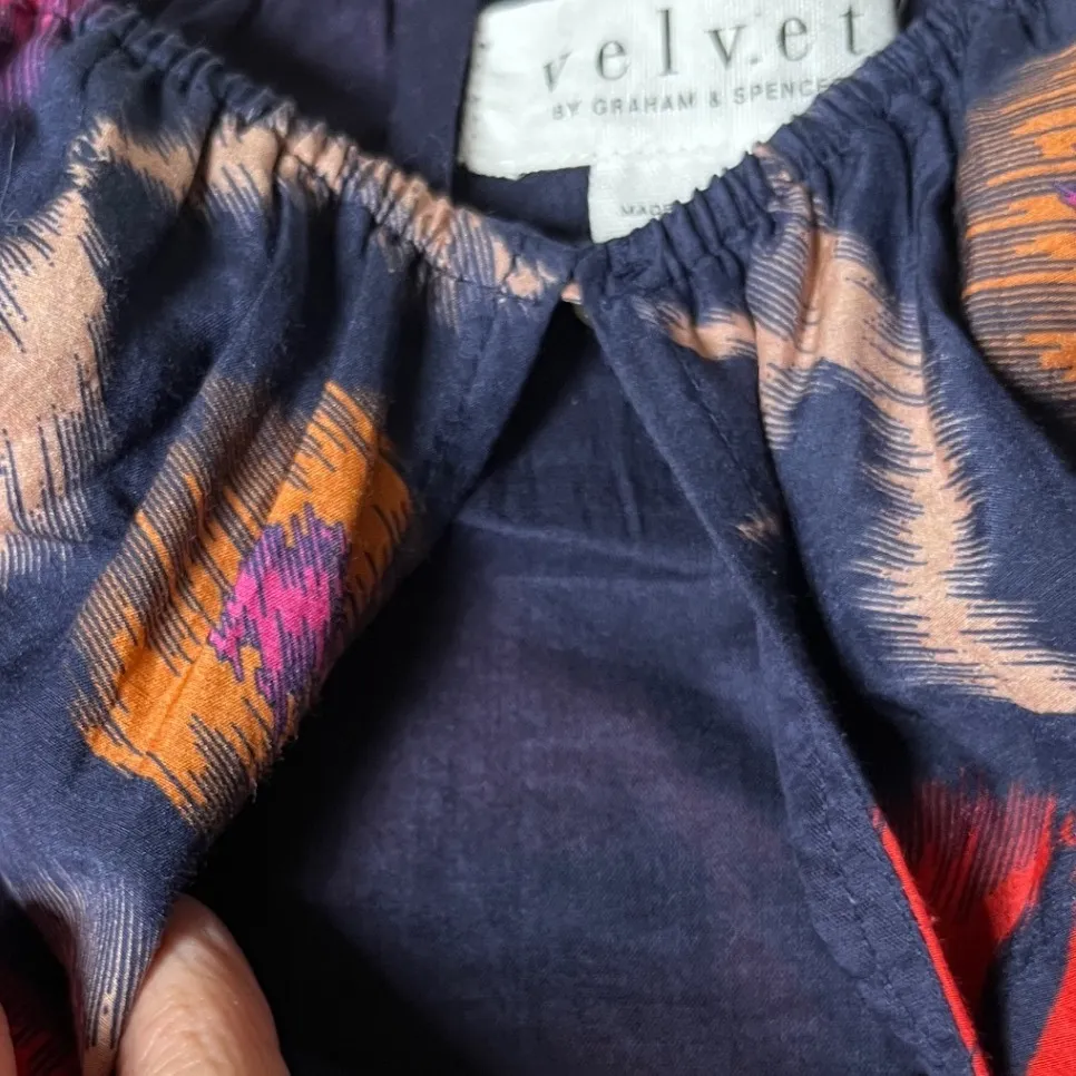 Boho Ikat Print Blouse Silk Cotton Navy Coral‎ Velvet by Graham Spencer XS Blue - Image 8