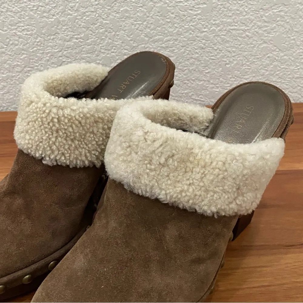STUART WEITZMAN Depot Shearling Clogs in Cigar Fur Studded Heeled Clogs Size 9.5 - Image 8