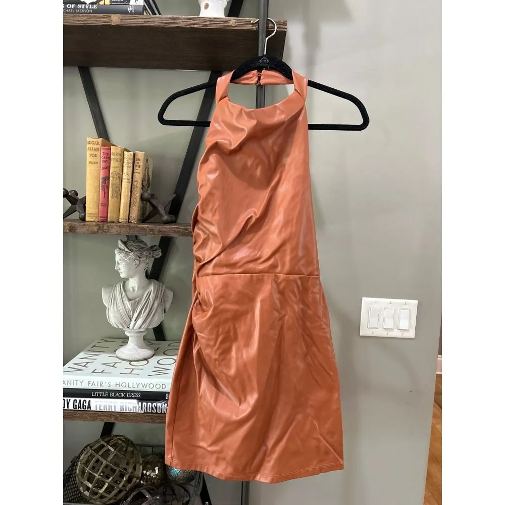 Nookie Rebel Faux Leather Halter Mini Dress Tan Womens Size Medium - Image 4