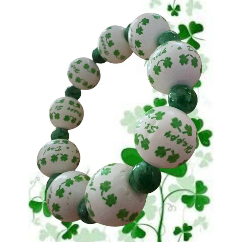 Happy St Patricks Day Shamrock Wood Beaded Stretch Bracelet Marbled Acce… Green - Image 4