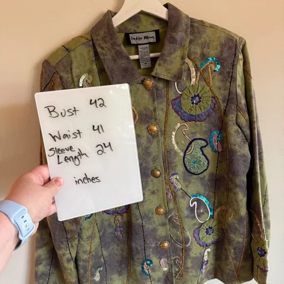 Indigo Moon Boho Embroidered Paisley Jacket M‎ Button Front Sequins Green Size M - Image 6