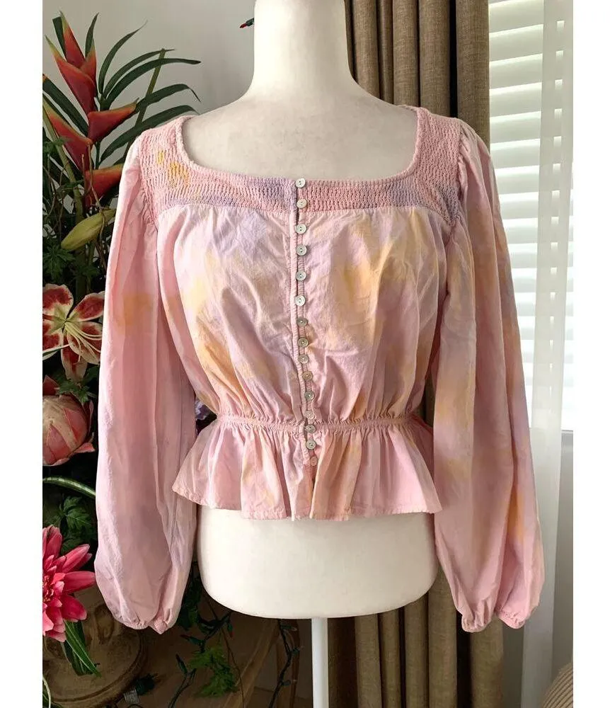 Zara Tie Dye Balloon Sleeve Crop Peplum Blouse in Pink Multi - Image 4