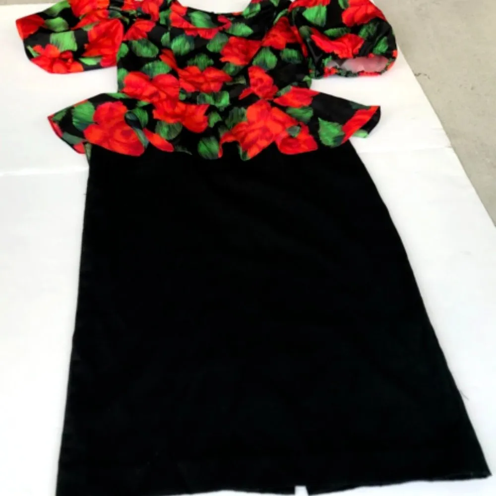 Mr. Mort Dress Black Red Floral Puff Sleeves Wedding Party Art Deco VTG… Size 8 - Image 4