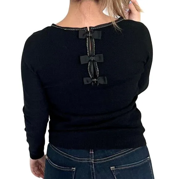 NEW Black Metallic Chain Neck Pullover Bow Sweater S/M Preppy Barbie - Image 2