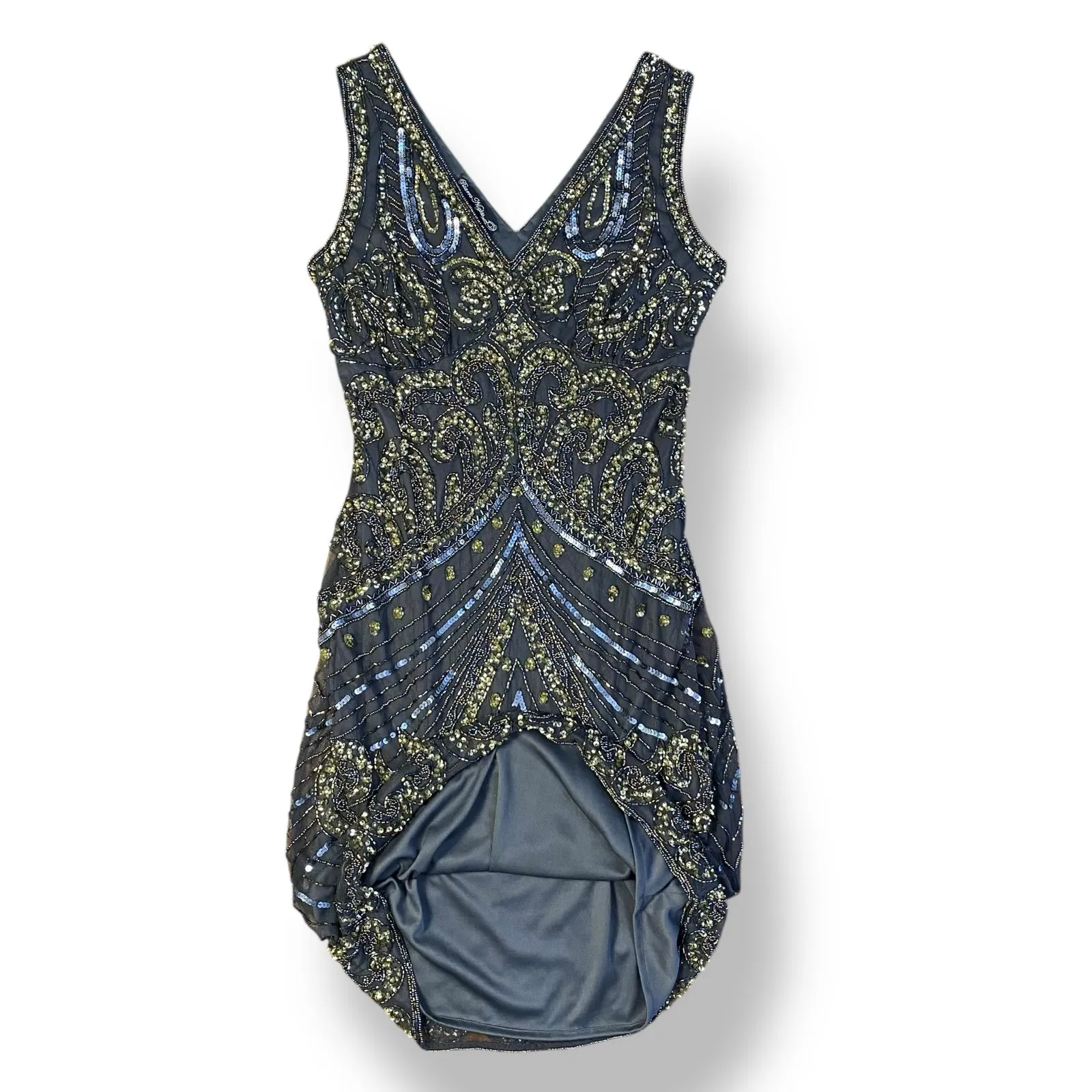 Pisarro Nights Vintage Gray Beaded‎ Mini Cocktail Prom Dress Size 8 - Image 6