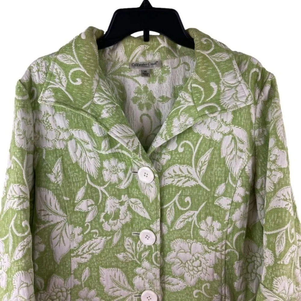 Lime Green Damask Jacquard Floral 3/4 Sleeve Button Front Jacket - Image 3