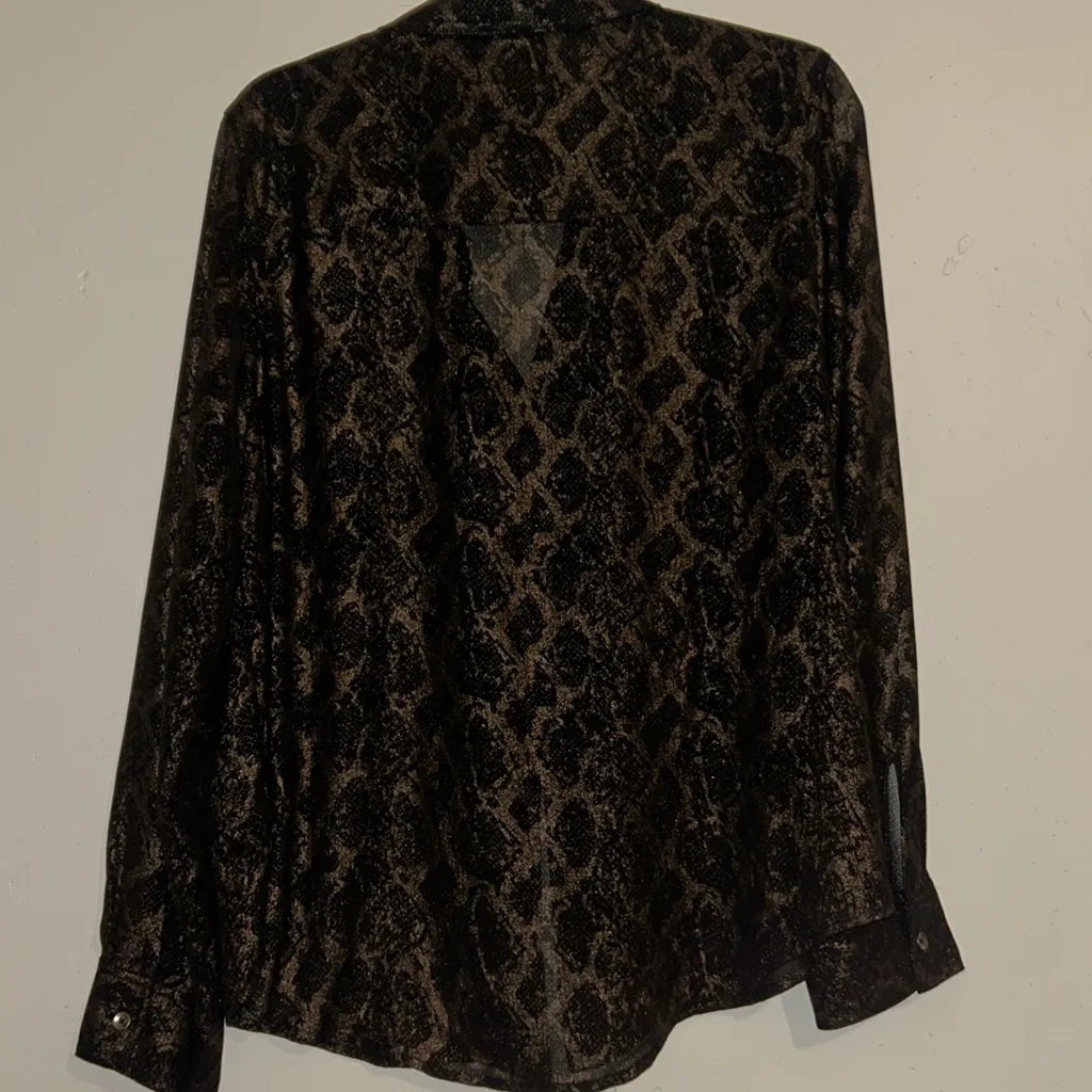 Rock & Republic Black and Shimmery Brown Patterned Long Sleeve Blouse XL - Image 5