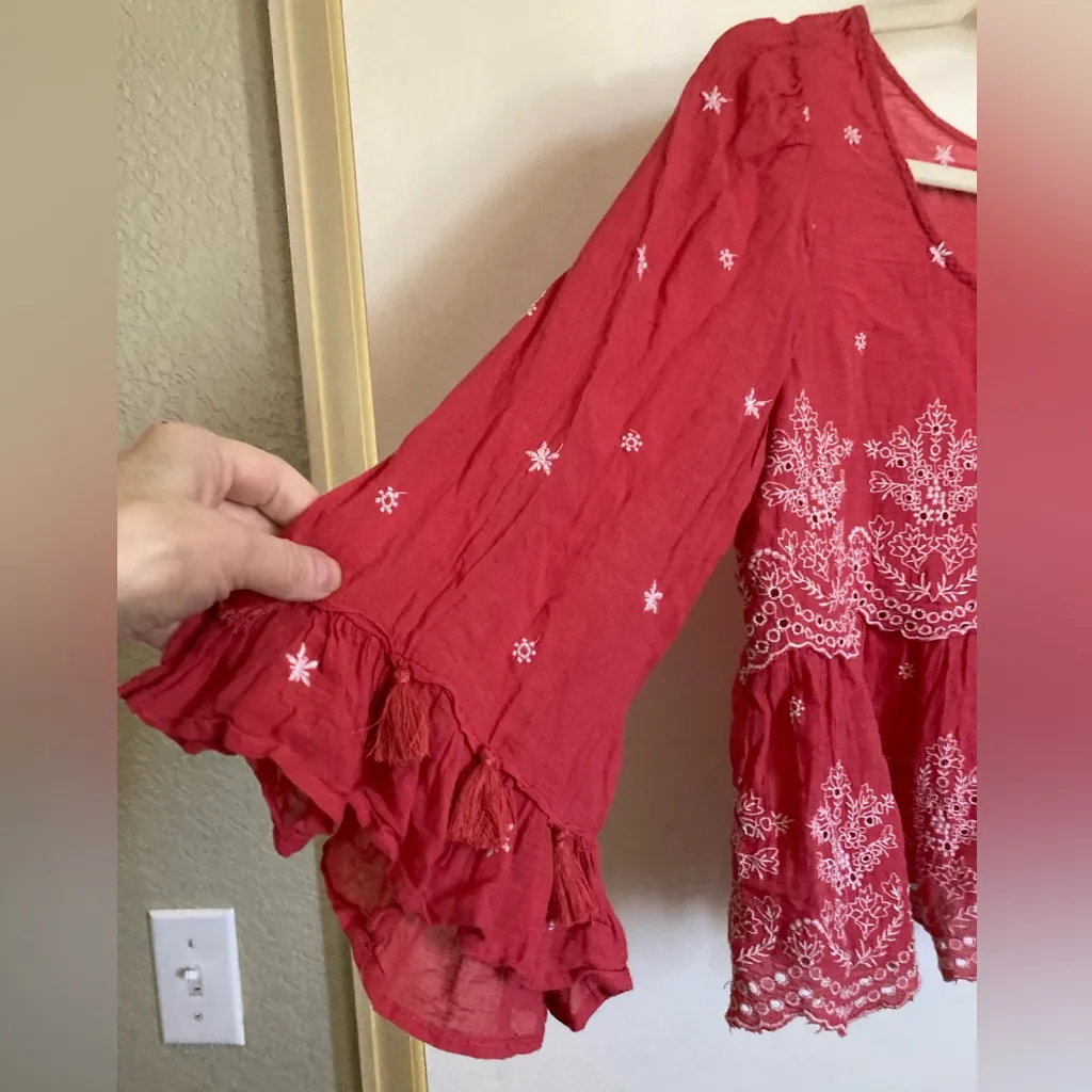 American Eagle Coral Eyelet Cropped Embroidered Bell Sleeve Blouse #Gr - Image 7