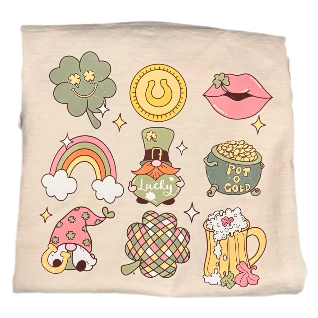 ST PATRICKS Shirt Women Small Cream Gnome Lucky Retro Graphic Tee Trendy Boho - Image 8