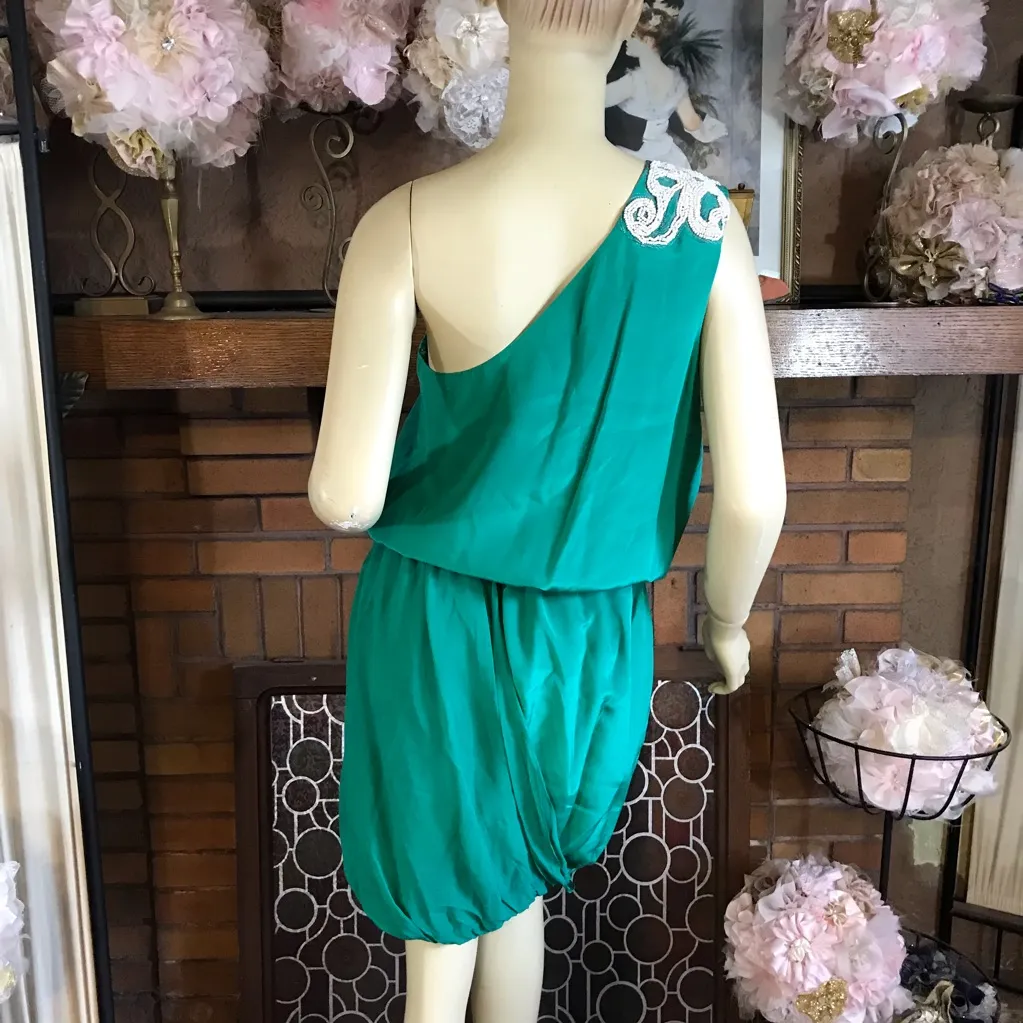 TIBI TEAL GREEN ONE SHOULDER SILK BLOUSON MINI DRESS WITH BEADING (8) - Image 3