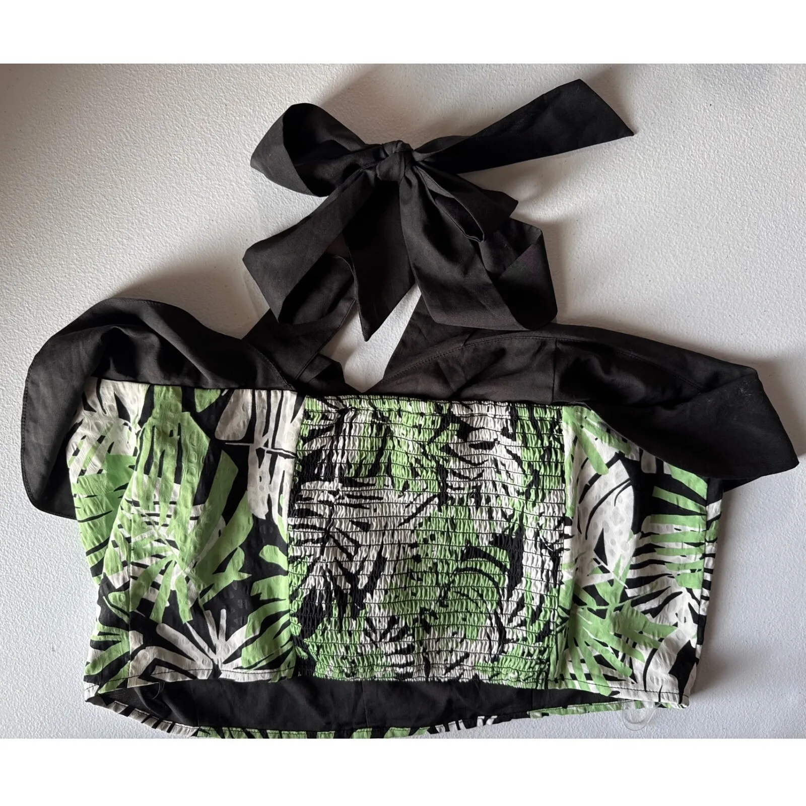 Unique Vintage Halter Top Ruffle Smocked Tropical Palm Print Plus Size 1x/16 - Image 2