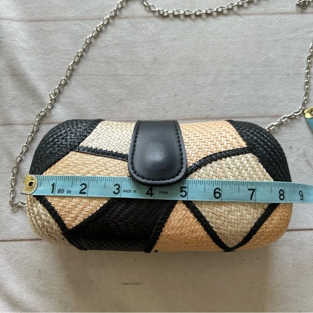 New Handmade Buntal Straw Clutch Purse Chain Strap Magnetic Snap Closure Tan Brown - Image 11