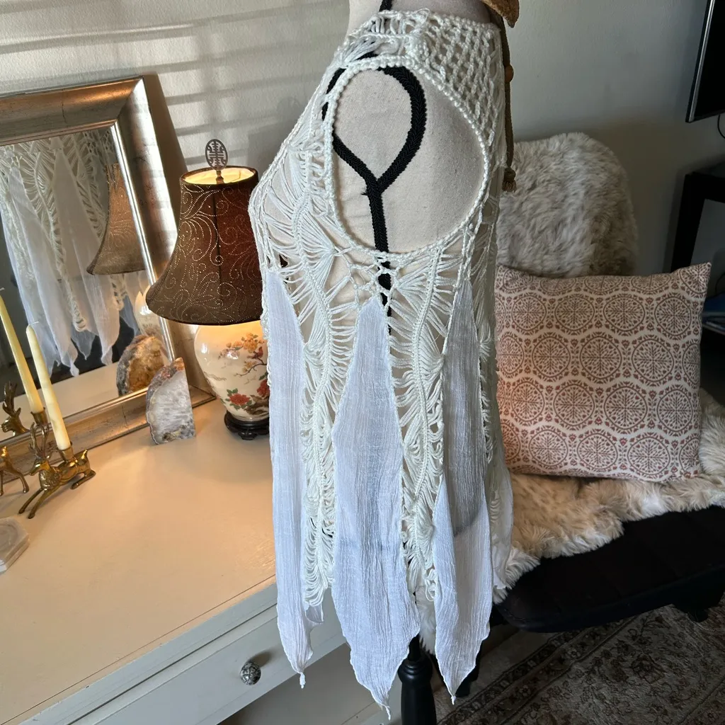 Paradise crochet knit, white cream, semi sheer Boho cover up mini dress tank M Size M - Image 5