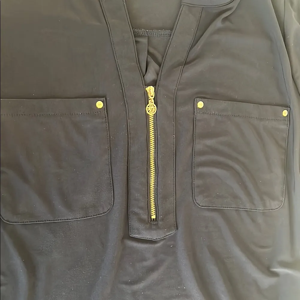 Anne Klein Blue Short Sleeve Blouse with Mandarin Collar - Image 4