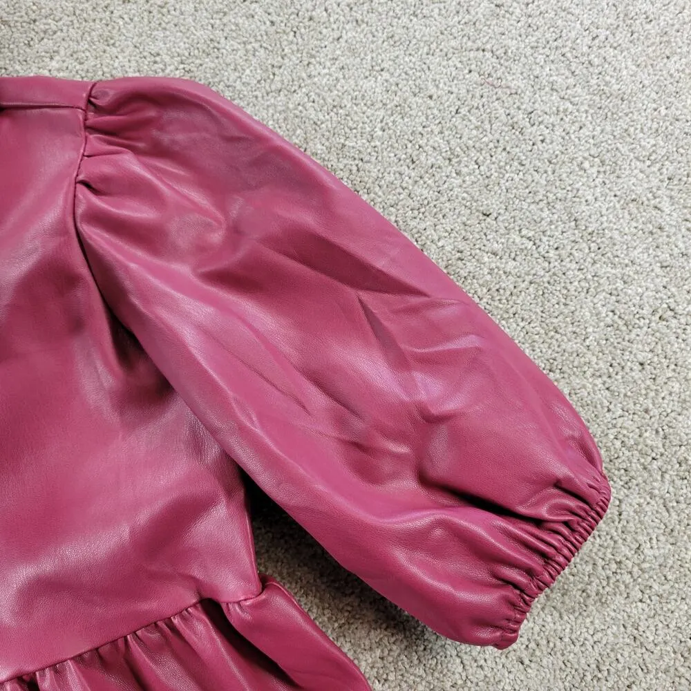 Karlie Womens Faux Leather Dress S Red Puff Sleeve Tiered Button Front Collared - Image 10
