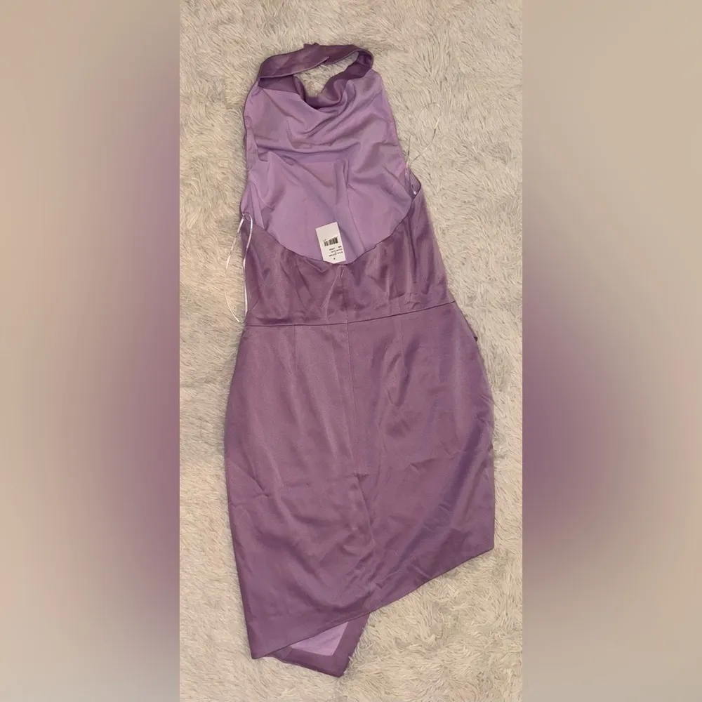 NWOT Elliatt Camo Asymmetric Satin Cocktail Dress in Lavender Sz L - Image 4