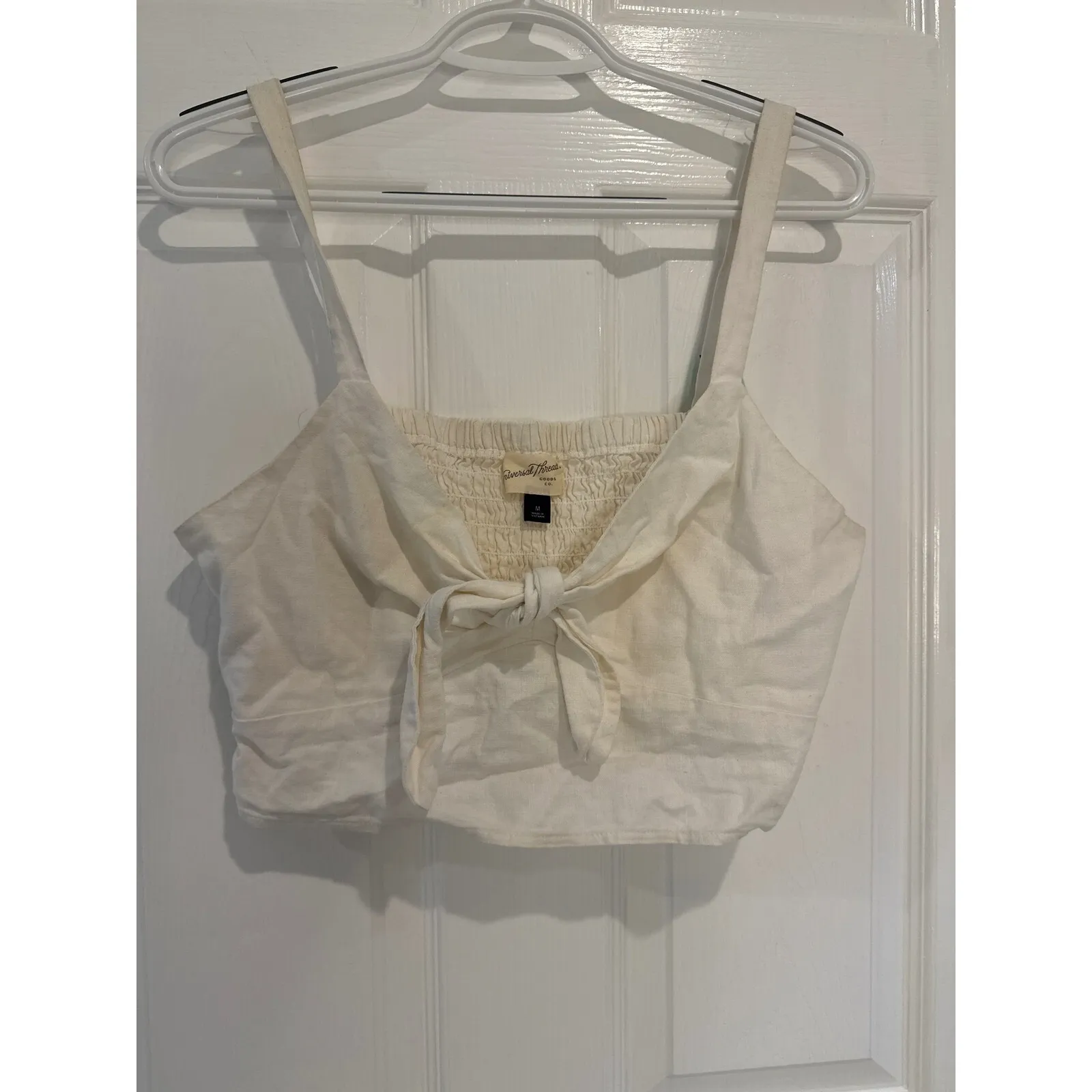 Universal Thread Tie-Front Crop Top Smocked Sleeveless‎ Casual White Linen M - Image 4