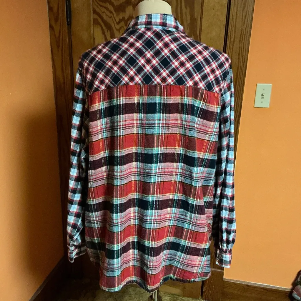Women’s Patchwork Plaid Flannel Shirt Button Up Boho Top Red Size 3X - Image 11