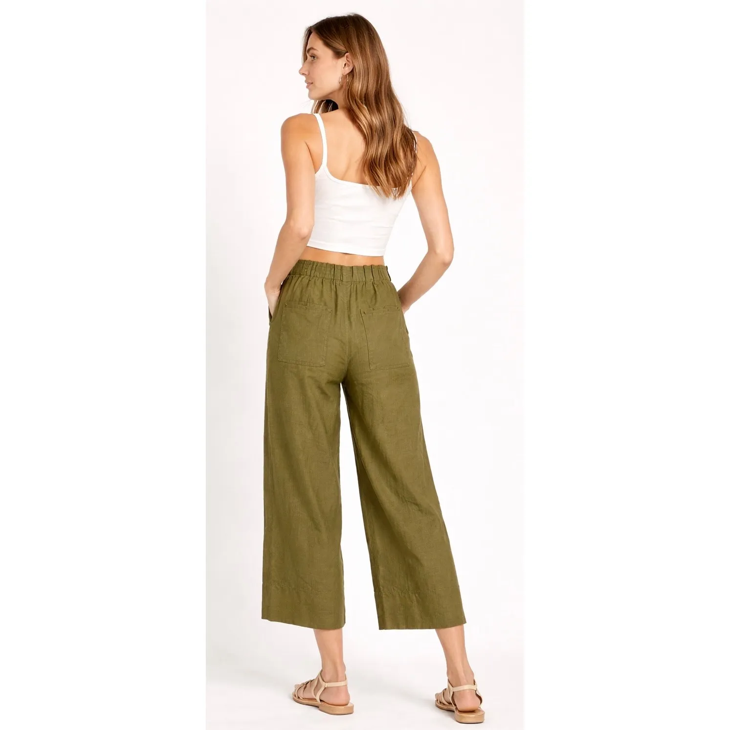 Joie Linen Blend Pants Women S Olive Green Wide Leg Cropped Beachy Coastal - Image 2